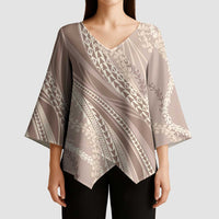 Polynesian Puakeniken Pikake Twisted Lei Kimono Sleeve Blouse Beige - Polynesian Pride