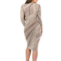 Polynesian Puakeniken Pikake Twisted Lei Long Sleeve Bodycon Dress Beige - Polynesian Pride