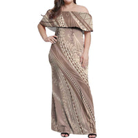 Polynesian Puakeniken Pikake Twisted Lei Off Shoulder Maxi Dress Beige - Polynesian Pride