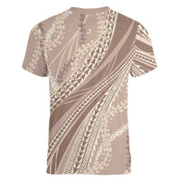 Polynesian Puakeniken Pikake Twisted Lei Women V-Neck T-Shirt Beige LT7 - Polynesian Pride