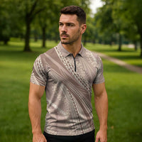 Polynesian Puakeniken Pikake Twisted Lei Zipper Polo Shirt Beige LT7 - Polynesian Pride