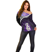 Personalised New Zealand Maori Off Shoulder Sweater Manaia Paua Shell Purple LT7 - Polynesian Pride