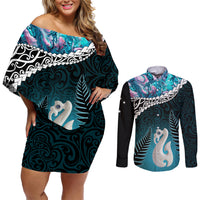 Personalised New Zealand Maori Couples Matching Off Shoulder Short Dress and Long Sleeve Button Shirt Manaia Paua Shell Turquoise LT7 Turquoise - Polynesian Pride