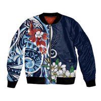 Bula Fiji Tagimaucia Mix Plumeria Masi Tapa Bomber Jacket Blue LT7 Unisex Blue - Polynesian Pride