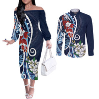 Bula Fiji Tagimaucia Mix Plumeria Masi Tapa Couples Matching Off The Shoulder Long Sleeve Dress and Long Sleeve Button Shirt Blue LT7 Blue - Polynesian Pride