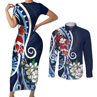 Bula Fiji Tagimaucia Mix Plumeria Masi Tapa Couples Matching Short Sleeve Bodycon Dress and Long Sleeve Button Shirt Blue LT7 Blue - Polynesian Pride