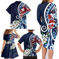Bula Fiji Tagimaucia Mix Plumeria Masi Tapa Family Matching Long Sleeve Bodycon Dress and Hawaiian Shirt Blue LT7 - Polynesian Pride