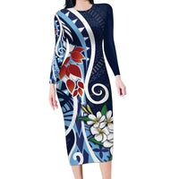 Bula Fiji Tagimaucia Mix Plumeria Masi Tapa Family Matching Long Sleeve Bodycon Dress and Hawaiian Shirt Blue LT7 Mom's Dress Blue - Polynesian Pride