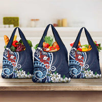 Bula Fiji Tagimaucia Mix Plumeria Masi Tapa Grocery Bag Blue