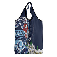 Bula Fiji Tagimaucia Mix Plumeria Masi Tapa Grocery Bag Blue