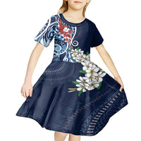 Bula Fiji Tagimaucia Mix Plumeria Masi Tapa Kid Short Sleeve Dress Blue LT7 - Polynesian Pride