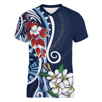Bula Fiji Tagimaucia Mix Plumeria Masi Tapa Women V Neck T Shirt Blue LT7 Female Blue - Polynesian Pride