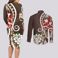 Bula Fiji Tagimaucia Mix Plumeria Masi Tapa Couples Matching Long Sleeve Bodycon Dress and Long Sleeve Button Shirt Brown LT7 - Polynesian Pride