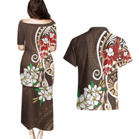 Bula Fiji Tagimaucia Mix Plumeria Masi Tapa Couples Matching Puletasi and Hawaiian Shirt Brown LT7 - Polynesian Pride