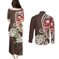 Bula Fiji Tagimaucia Mix Plumeria Masi Tapa Couples Matching Puletasi and Long Sleeve Button Shirt Brown LT7 - Polynesian Pride