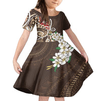 Bula Fiji Tagimaucia Mix Plumeria Masi Tapa Family Matching Long Sleeve Bodycon Dress and Hawaiian Shirt Brown LT7 Daughter's Dress Brown - Polynesian Pride