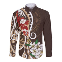 Bula Fiji Tagimaucia Mix Plumeria Masi Tapa Long Sleeve Button Shirt Brown LT7 Unisex Brown - Polynesian Pride