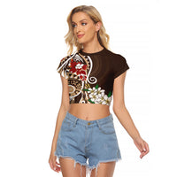 Bula Fiji Tagimaucia Mix Plumeria Masi Tapa Raglan Cropped T Shirt Brown LT7 Female Brown - Polynesian Pride