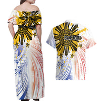 Philippines Independence Day Couples Matching Off Shoulder Maxi Dress and Hawaiian Shirt Eagle Mix Filipino Flag Tribal Style