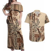 Talofa Samoa Mamanu Siapo Mix Malu Couples Matching Off Shoulder Maxi Dress and Hawaiian Shirt Classic Beige Frangipani and Turtles