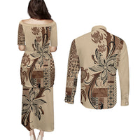Talofa Samoa Mamanu Siapo Mix Malu Couples Matching Puletasi and Long Sleeve Button Shirt Classic Beige Frangipani and Turtles LT7 - Polynesian Pride