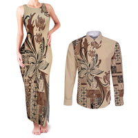 Talofa Samoa Mamanu Siapo Mix Malu Couples Matching Tank Maxi Dress and Long Sleeve Button Shirt Classic Beige Frangipani and Turtles