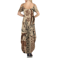 Talofa Samoa Mamanu Siapo Mix Malu Family Matching Summer Maxi Dress and Hawaiian Shirt Classic Beige Frangipani and Turtles