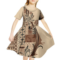 Talofa Samoa Mamanu Siapo Mix Malu Kid Short Sleeve Dress Classic Beige Frangipani and Turtles LT7 - Polynesian Pride