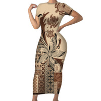 Talofa Samoa Mamanu Siapo Mix Malu Short Sleeve Bodycon Dress Classic Beige Frangipani and Turtles LT7 Long Dress Beige - Polynesian Pride