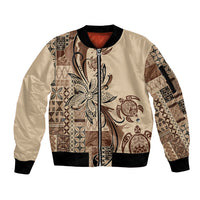 Talofa Samoa Mamanu Siapo Mix Malu Sleeve Zip Bomber Jacket Classic Beige Frangipani and Turtles LT7 Unisex Beige - Polynesian Pride