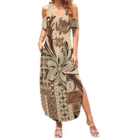 Talofa Samoa Mamanu Siapo Mix Malu Summer Maxi Dress Classic Beige Frangipani and Turtles LT7 Women Beige - Polynesian Pride