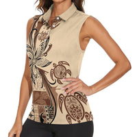 Talofa Samoa Mamanu Siapo Mix Malu Women Sleeveless Polo Shirt Classic Beige Frangipani and Turtles