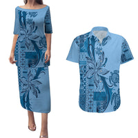Talofa Samoa Mamanu Siapo Mix Malu Couples Matching Puletasi and Hawaiian Shirt Cool Blue Frangipani and Turtles