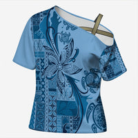 Talofa Samoa Mamanu Siapo Mix Malu Cross Shoulder Shirt Cool Blue Frangipani and Turtles LT7 Female Blue - Polynesian Pride