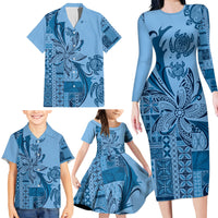 Talofa Samoa Mamanu Siapo Mix Malu Family Matching Long Sleeve Bodycon Dress and Hawaiian Shirt Cool Blue Frangipani and Turtles