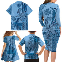 Talofa Samoa Mamanu Siapo Mix Malu Family Matching Long Sleeve Bodycon Dress and Hawaiian Shirt Cool Blue Frangipani and Turtles
