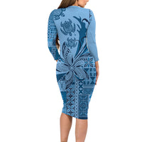 Talofa Samoa Mamanu Siapo Mix Malu Family Matching Long Sleeve Bodycon Dress and Hawaiian Shirt Cool Blue Frangipani and Turtles