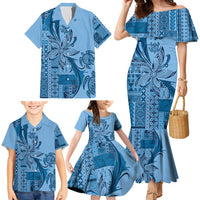 Talofa Samoa Mamanu Siapo Mix Malu Family Matching Mermaid Dress and Hawaiian Shirt Cool Blue Frangipani and Turtles