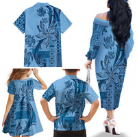 Talofa Samoa Mamanu Siapo Mix Malu Family Matching Off The Shoulder Long Sleeve Dress and Hawaiian Shirt Cool Blue Frangipani and Turtles