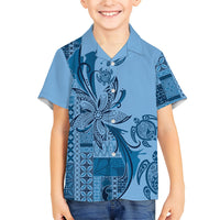 Talofa Samoa Mamanu Siapo Mix Malu Family Matching Off Shoulder Short Dress and Hawaiian Shirt Cool Blue Frangipani and Turtles