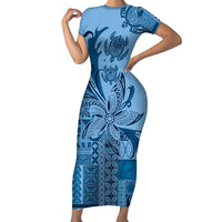 Talofa Samoa Mamanu Siapo Mix Malu Family Matching Short Sleeve Bodycon Dress and Hawaiian Shirt Cool Blue Frangipani and Turtles