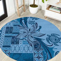 Talofa Samoa Mamanu Siapo Mix Malu Round Carpet Cool Blue Frangipani and Turtles