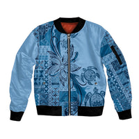 Talofa Samoa Mamanu Siapo Mix Malu Sleeve Zip Bomber Jacket Cool Blue Frangipani and Turtles LT7 Unisex Blue - Polynesian Pride