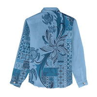 Talofa Samoa Mamanu Siapo Mix Malu Women Casual Shirt Cool Blue Frangipani and Turtles