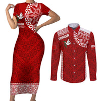 Personalised Tonga Rugby Couples Matching Short Sleeve Bodycon Dress and Long Sleeve Button Shirts Ikale Tahi Champions World Cup 2023 LT7 Red - Polynesian Pride