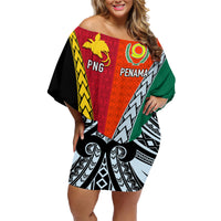 Personalised Papua New Guinea Mix Penama Family Matching Off Shoulder Short Dress and Hawaiian Shirt Tribal Patterns Half-Half Style LT7 Mom's Dress Colorful - Polynesian Pride