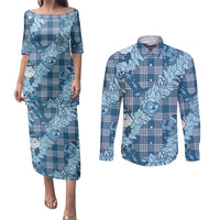 Blue Palaka Hawaii Cowboy Christmas Couples Matching Puletasi and Long Sleeve Button Shirt Paniolo Mix Maile Lei - Polynesian Pride