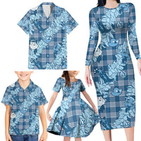 Blue Palaka Hawaii Cowboy Christmas Family Matching Long Sleeve Bodycon Dress and Hawaiian Shirt Paniolo Mix Maile Lei - Polynesian Pride