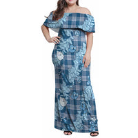 Blue Palaka Hawaii Cowboy Christmas Family Matching Off Shoulder Maxi Dress and Hawaiian Shirt Paniolo Mix Maile Lei - Polynesian Pride