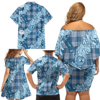 Blue Palaka Hawaii Cowboy Christmas Family Matching Off Shoulder Short Dress and Hawaiian Shirt Paniolo Mix Maile Lei - Polynesian Pride